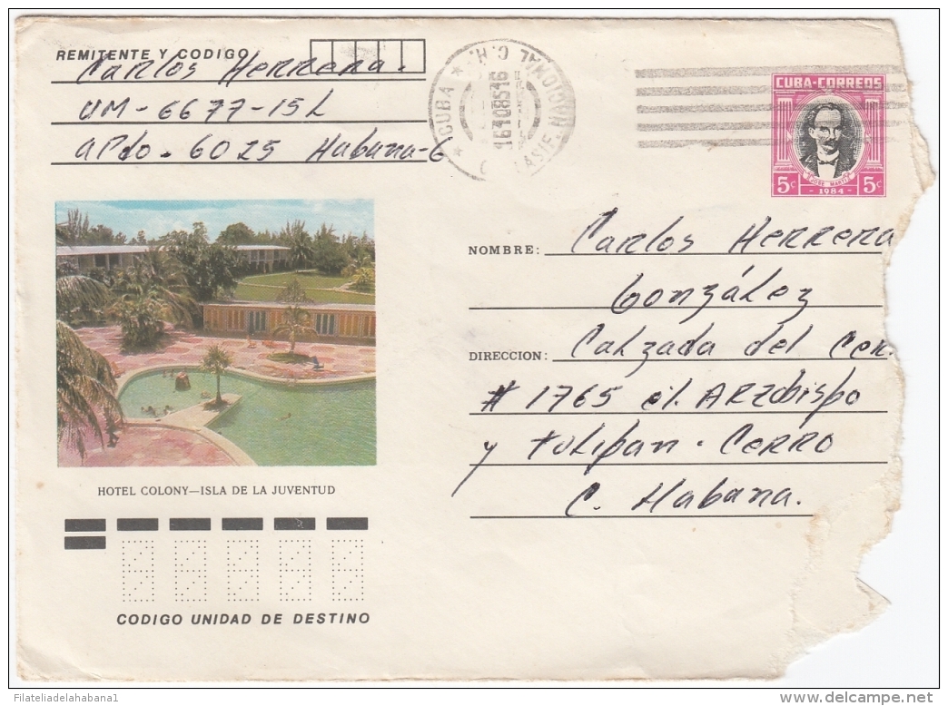 1984-EP-100 CUBA 1984 Ed.195k. POSTAL STATIONERY ANGOLA WAR USE. HOTEL COLONY PINES IS. - Covers & Documents