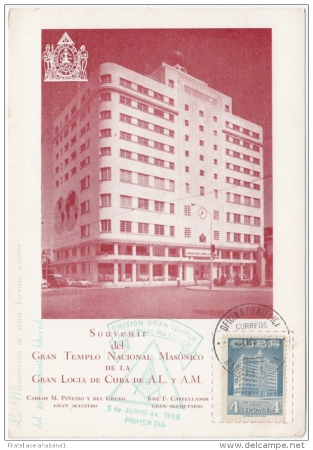 TMA-141 CUBA REPUBLICA 1956. MAXIM CARD. INAUGURACION GRAN TEMPLO MASONICO. MASONERIA. - Cartes-maximum