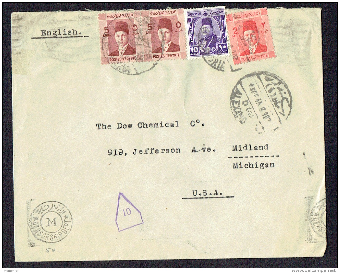 1944 Censored  Letter To USA - Egyptian Censorship - Covers & Documents