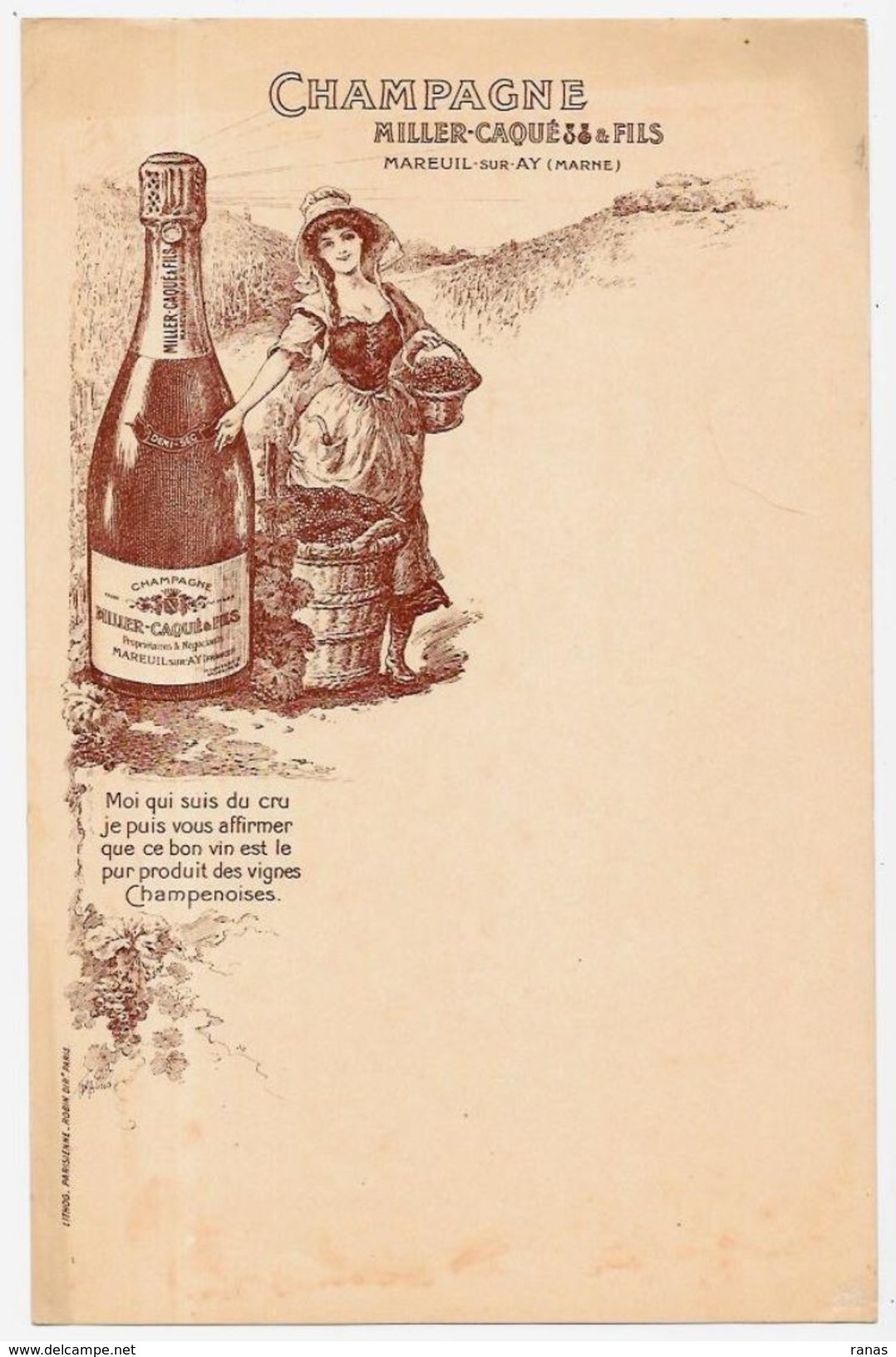 Menu Publicité Publicitaire Champagne Mareuil Sur Ay Marne Miller Caqué - Menú