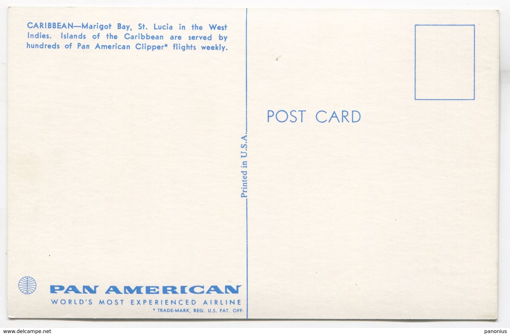 CARIBBEAN - ANTILLES, ST. LUCIA, PAN AMERICAN AIRLINES, ADVERTISING PC - Sainte-Lucie