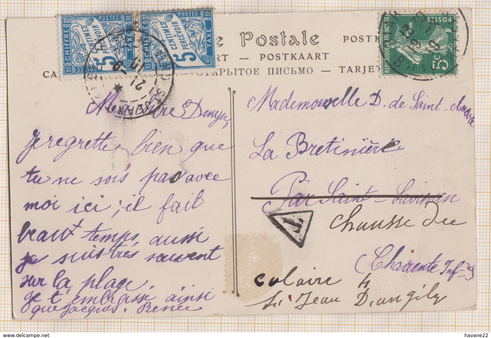 7AJ446 AU DOS CP BIARRITZ 1910 TIMBRES TAXE ST JEAN D'ANGELY 2 SCANS - Lettres & Documents