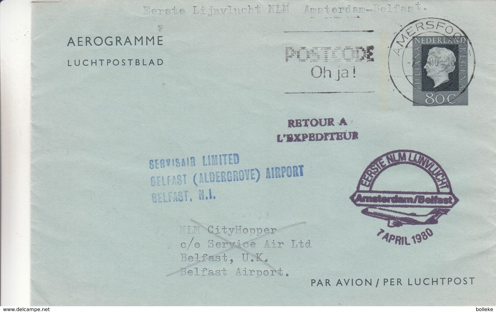 Pays Bas - Aérogramme De 1980 - 1er Vol Amsterdam Belfast - Oblit Amersfort - Avions - Covers & Documents