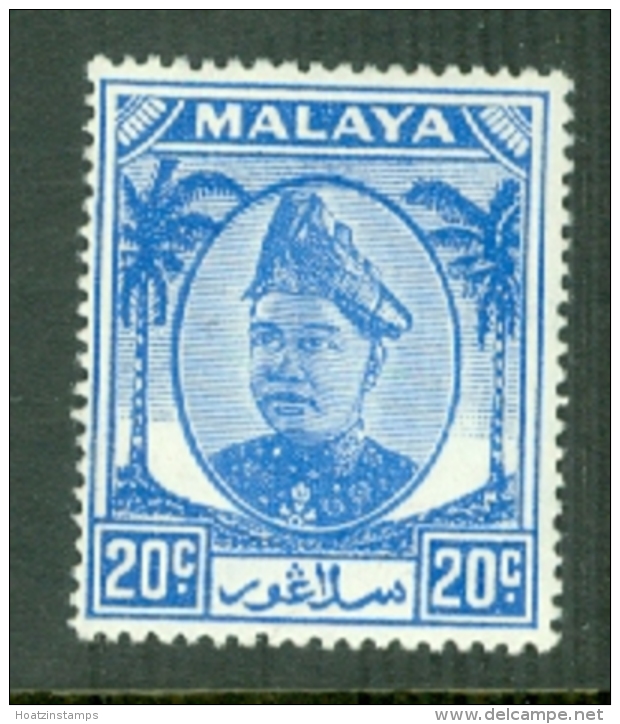 Malaya - Selangor: 1949/55   Sultan Hisamud-din Alam Shah   SG102    20c    Bright Blue   MH - Selangor