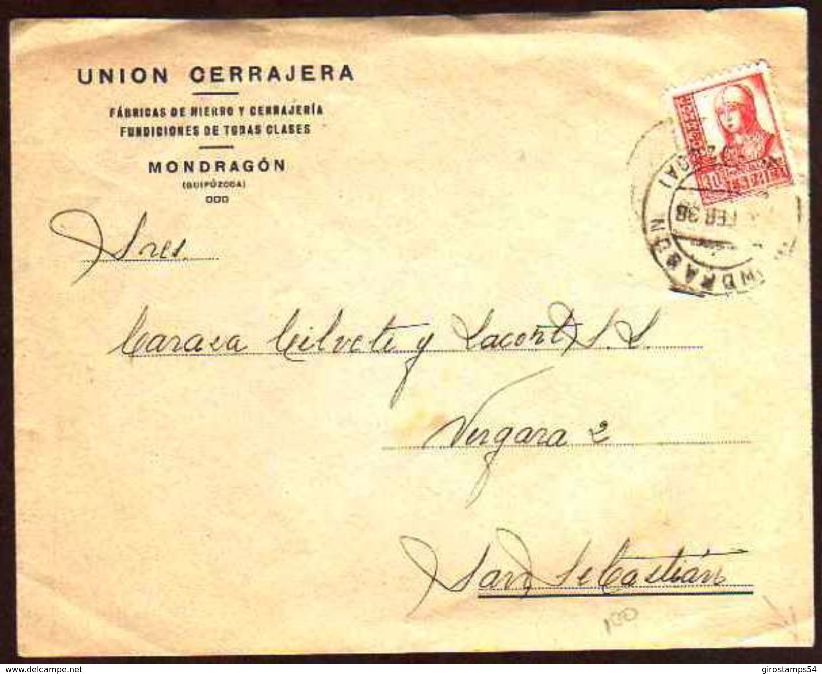 Girostamps54 - Guerra Civil.- Carta Comercial Circulada De Mondragon A San Sebastian Con Cruzada Contra El Frío - Cartas & Documentos