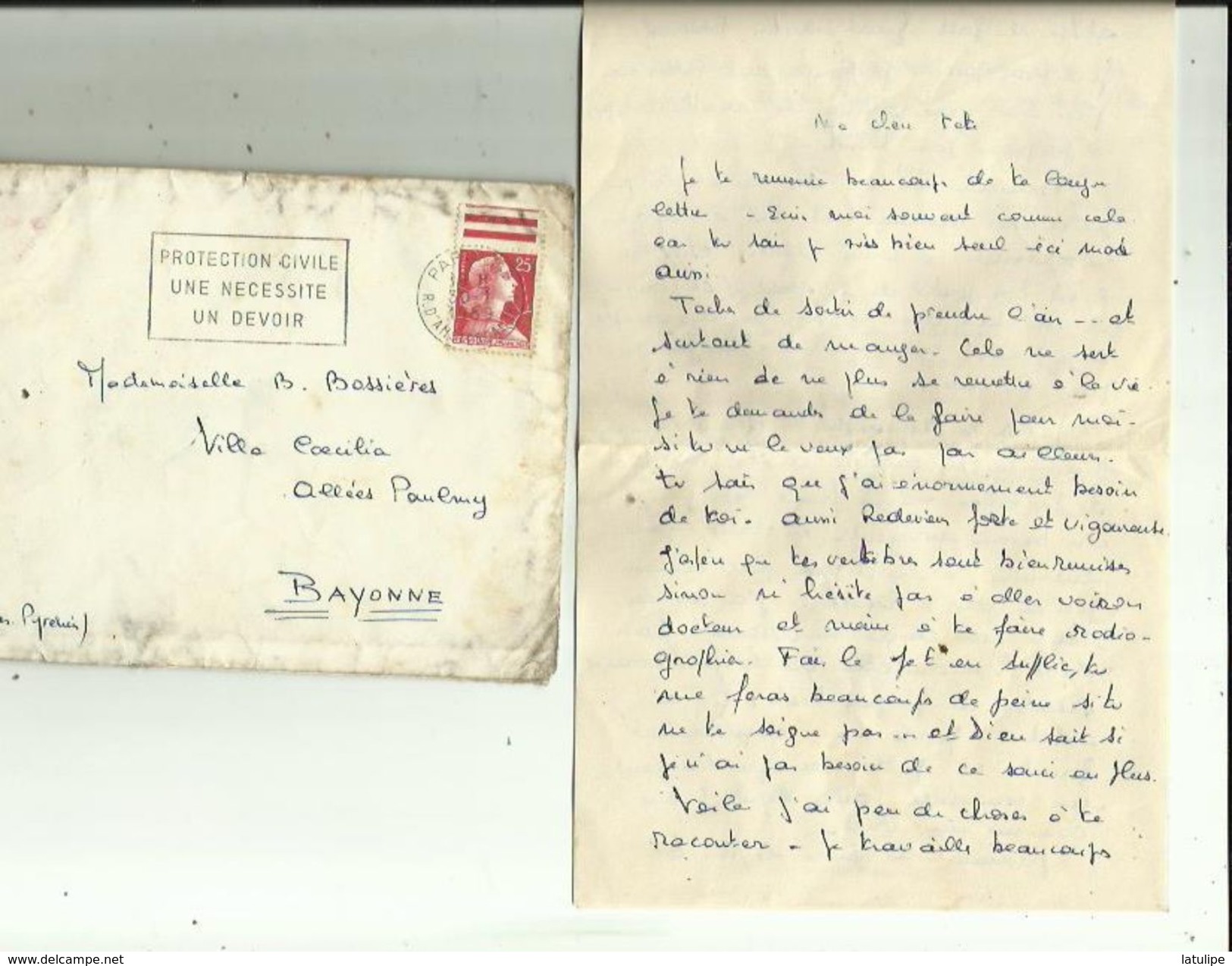 Enveloppe Timbrée  Lettre De Mr CAILLAUD  A Bonnieres-Charenton_Adressé A Melle BOSSIERES A BAYONNE 64 EN 1959 - Covers & Documents