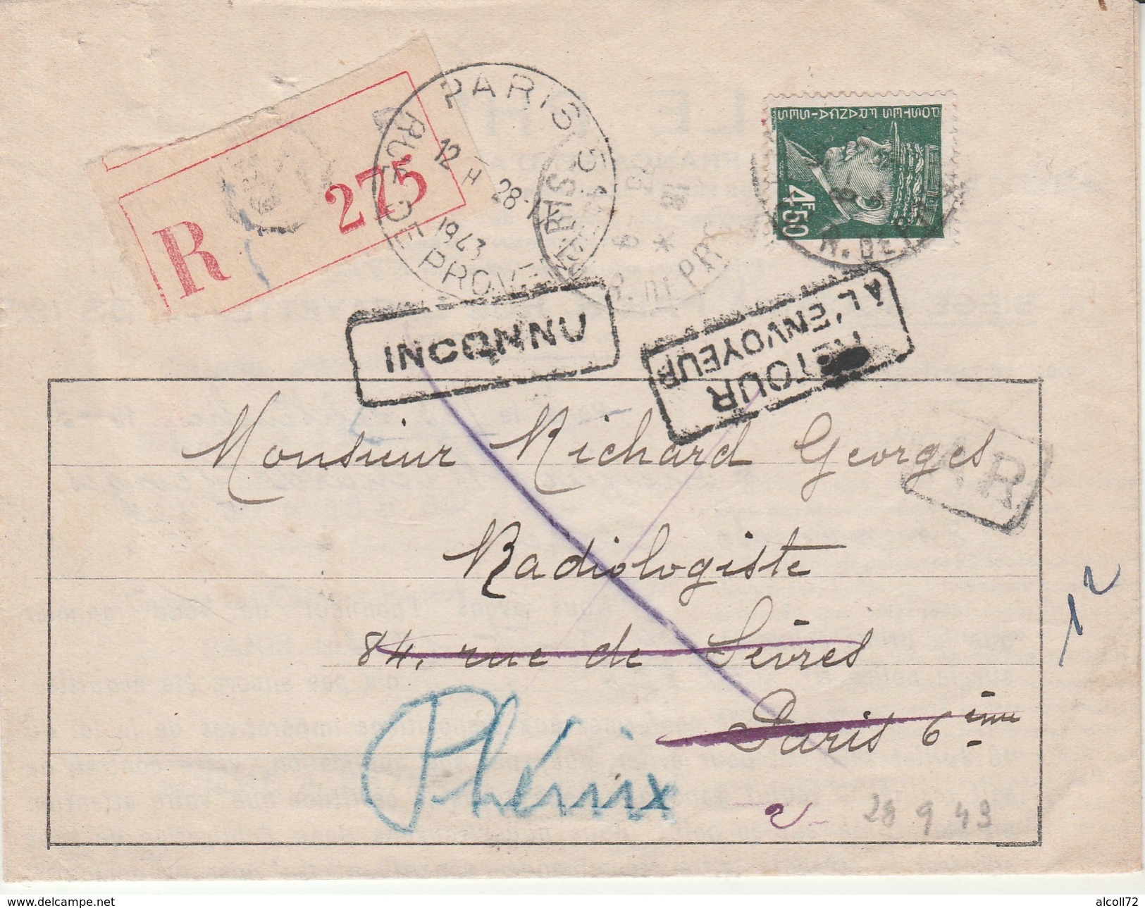 Lettre Recommandée Paris à Paris 4.50F Petain Avec Reour à L'Envoyeur-Inconnu. - 1941-42 Pétain