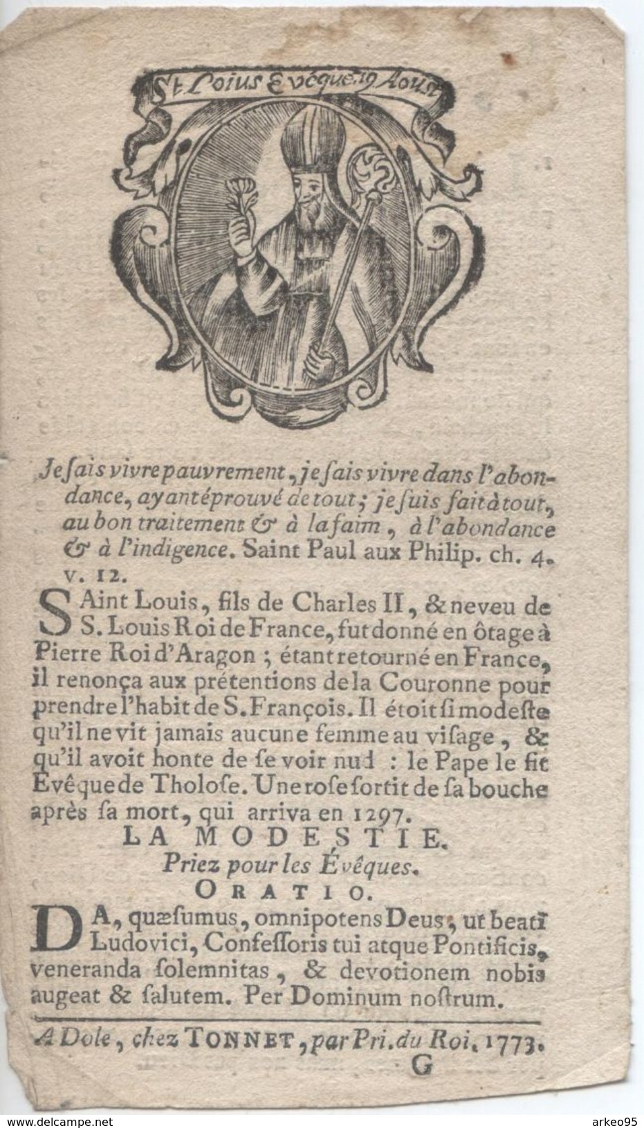 Image Pieuse De St Louis De Toulouse, 1773 - Images Religieuses