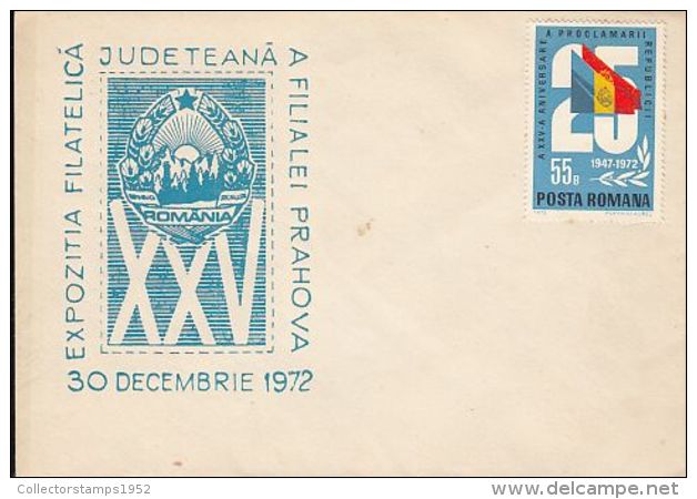 64394- ROMANIAN REPUBLIC ANNIVERSARY, COAT OF ARMS, SPECIAL COVER, 1972, ROMANIA - Briefe U. Dokumente