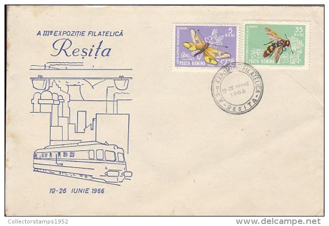 64397- RESITA PHILATELIC EXHIBITION, LOCOMOTIVE, SPECIAL COVER, FLIES STAMPS, 1966, ROMANIA - Brieven En Documenten