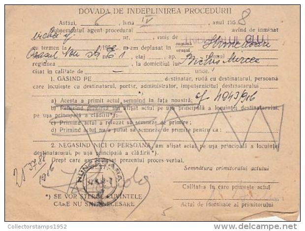 64436- ATHLETICS, TUSNAD RESORT, STAMPS ON COURTHOUSE NOTIFICATION, 1958, ROMANIA - Covers & Documents