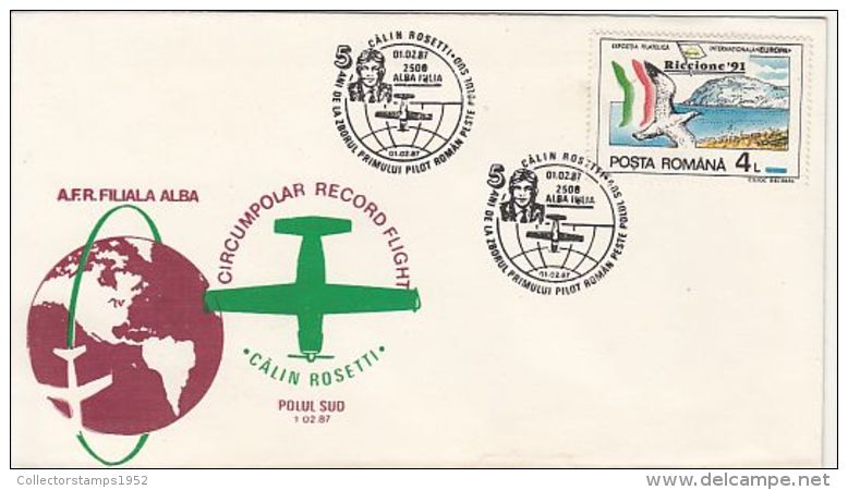 64481- CALIN ROSETTI CIRCUMPOLAR RECORD FLIGHT, PLANE, SPECIAL COVER, 1987, ROMANIA - Vols Polaires