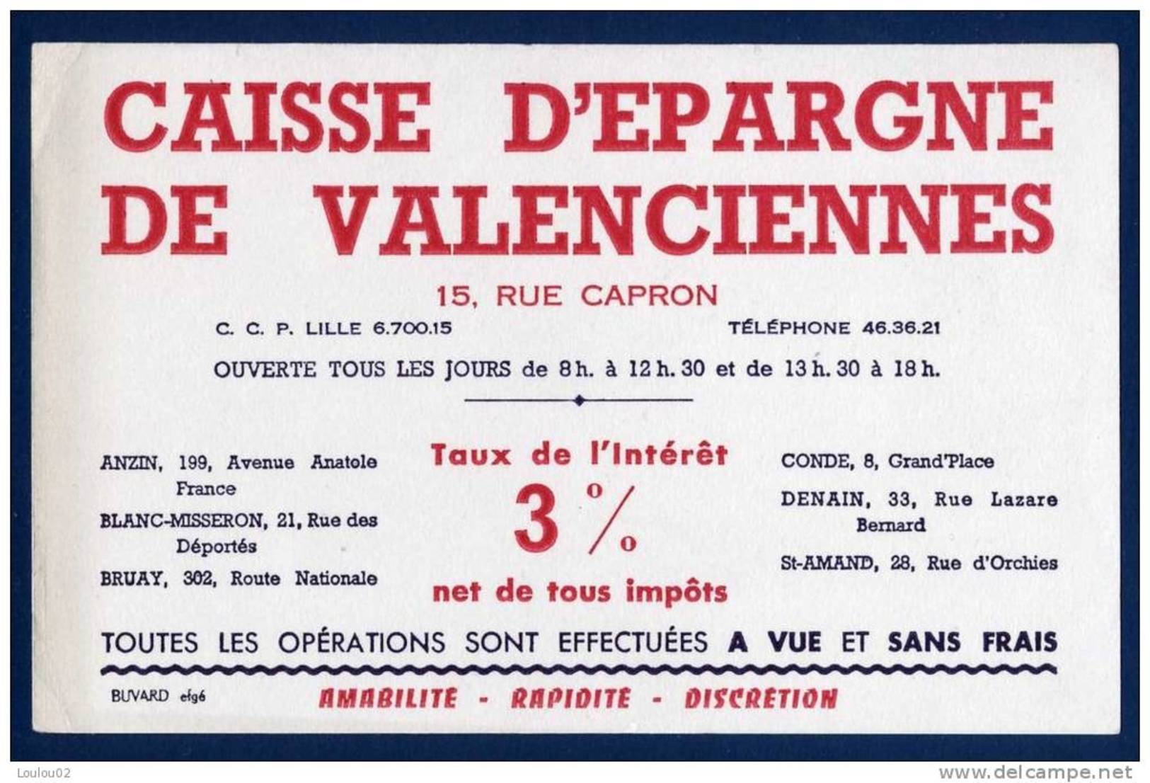 Buvard - CAISSE D´EPARGNE ET DE PREVOYANCE De Valenciennes - Taux De L´interet 3% - Ecriture Rouge - Bank En Verzekering