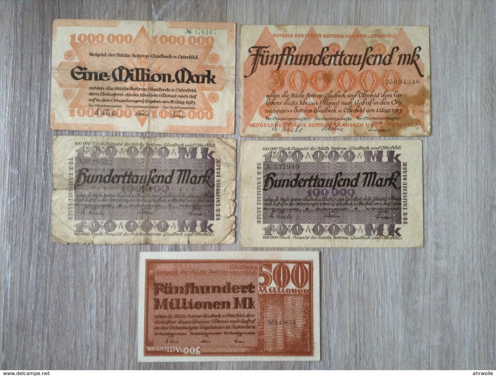 Notgeldscheine Lot 5 Scheine 100 Tausend Bis 500 Millionen Mark Bottrop Gladbeck Osterfeld 1923 - [11] Emissioni Locali