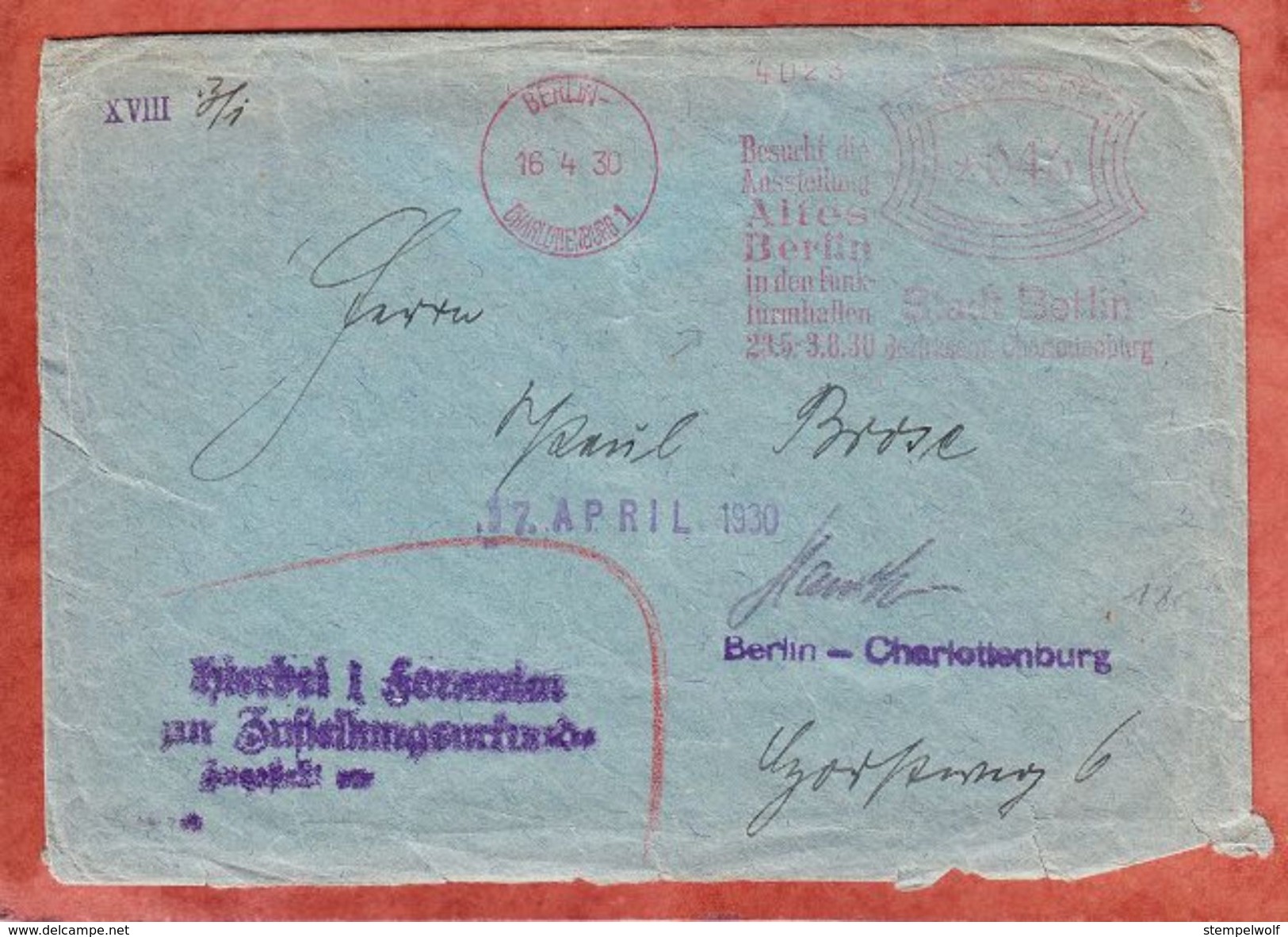 Zustellurkunde, Absenderfreistempel Besucht Ausstellung Altes Berlin Charlottenburg 1930 (40756) - Briefe U. Dokumente