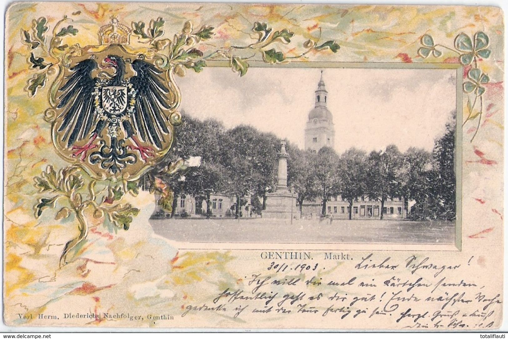 GENTHIN Markt Patriotika Aufwändige Gold Prägedruck Lithokarte Wappen 30,1.1903 Gelaufen - Genthin