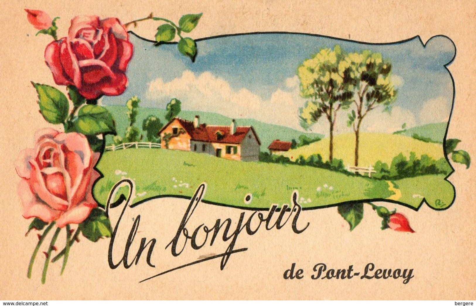 41. CP. Un Bonjour De PONT LEVOY. Fleurs, Paysage, 1950. - Autres & Non Classés