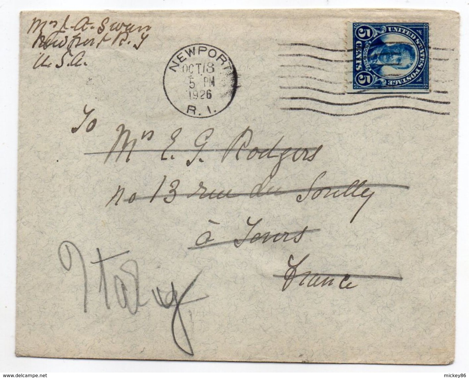 USA--1926--Lettre De NEWPORT  Pour TOURS (France) + Italy - Timbre  Seul Sur Lettre-- Beau Cachet - Lettres & Documents