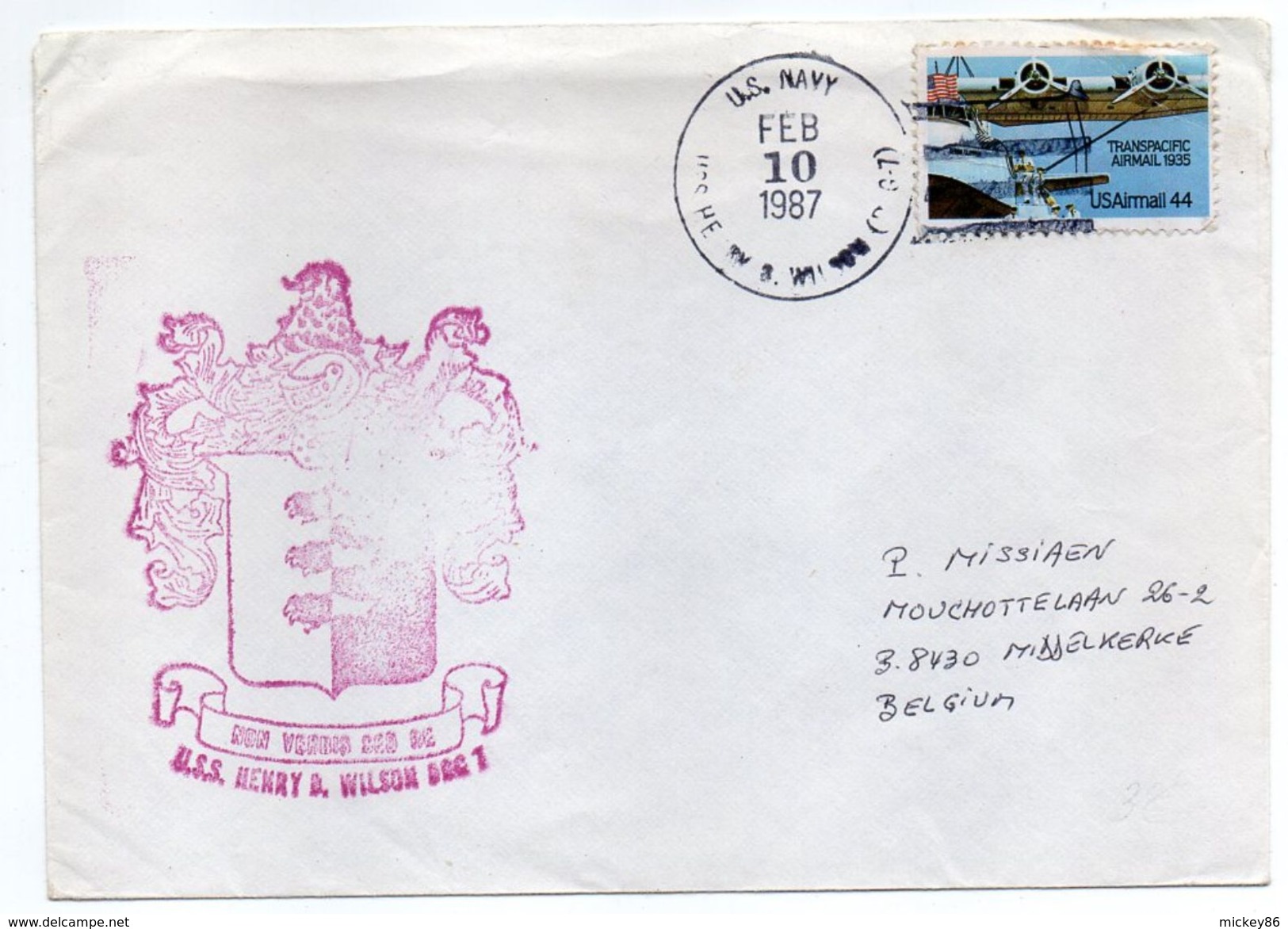 USA--1987--Lettre De U.S NAVY  Pour MIDDELKERKE (Belgique) - Timbre (avion) Seul Sur Lettre-- Beau Cachet - Cartas & Documentos