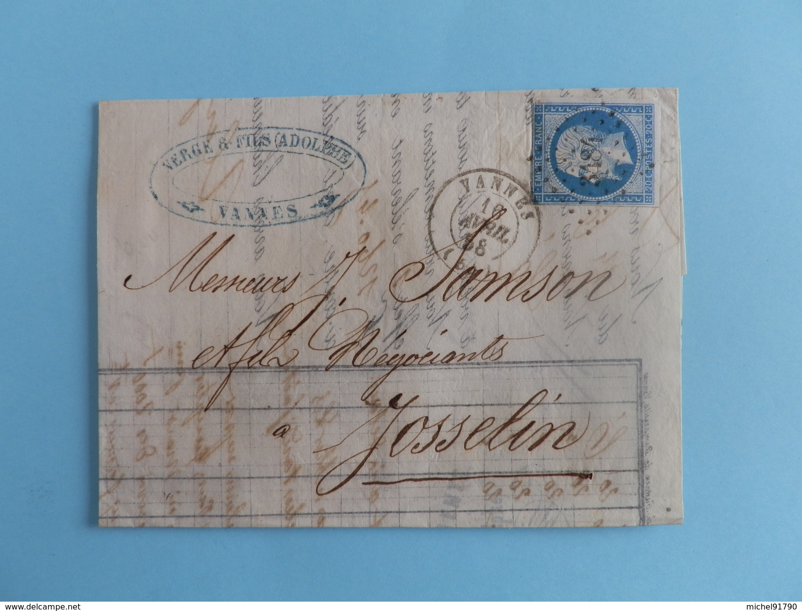 EMPIRE NON DENTELE 14 SUR LETTRE DE VANNES A JOSSELIN DU 16 AVRIL1858 (PETIT CHIFFRE 3484) - 1849-1876: Classic Period