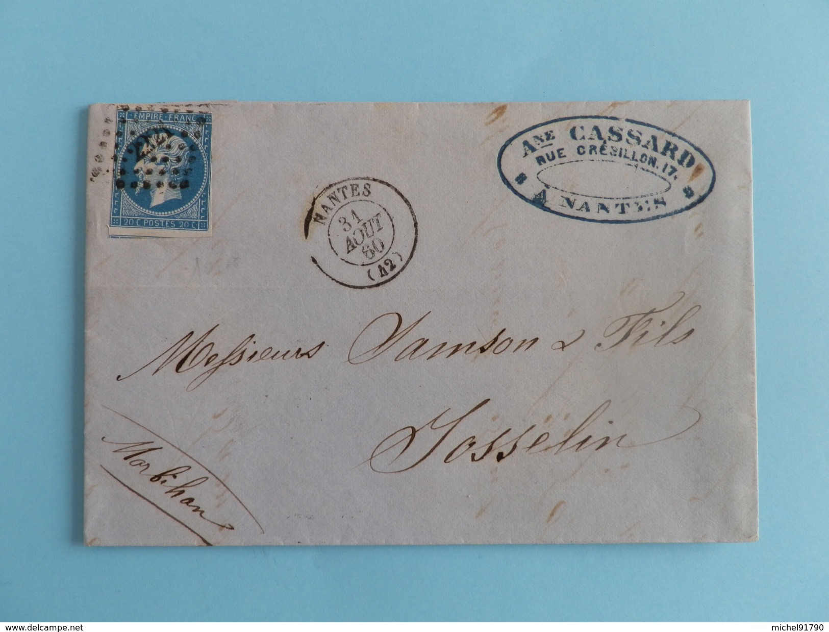 EMPIRE NON DENTELE 14 SUR LETTRE DE NANTES A JOSSELIN DU 31 AOUT 1860 (PETIT CHIFFRE 2221) - 1849-1876: Classic Period