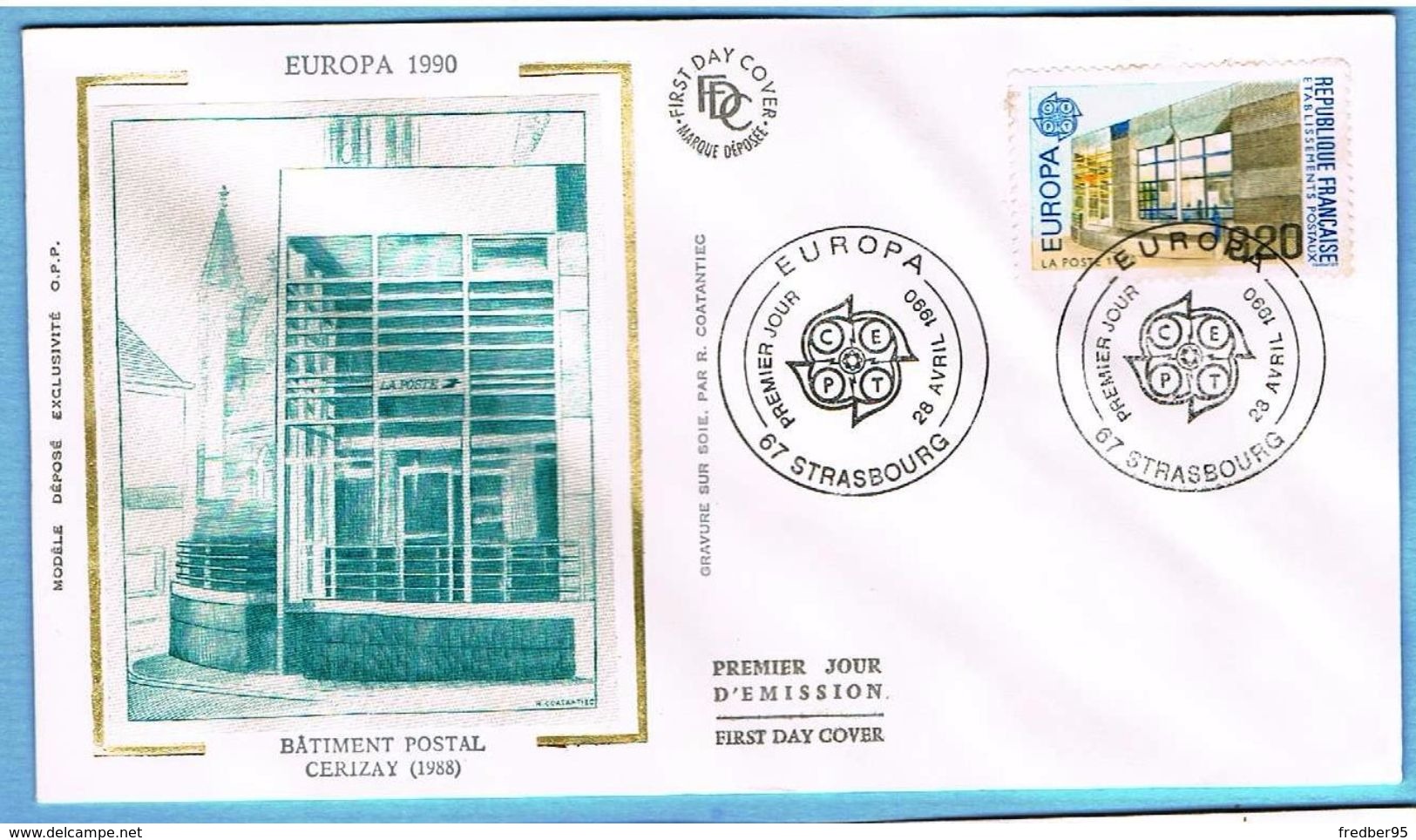 FDC Enveloppe Premier Jour 28/04/1990 STRASBOURG - EUROPA 1990 BÂTIMENT POSTAL - 1990-1999