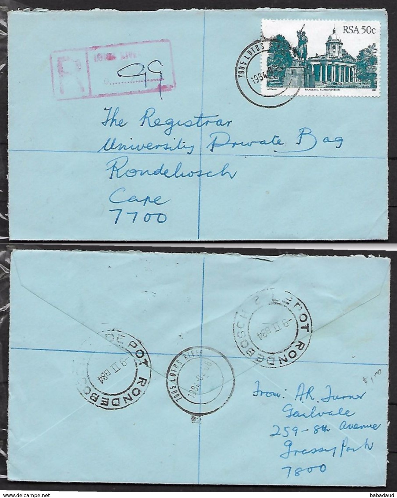 S.Africa, Registered Domestic Letter, 50c, LOTUS RIVER1984 02 08 > RONDEBOSCH DEPOT 9 II84 - Lettres & Documents