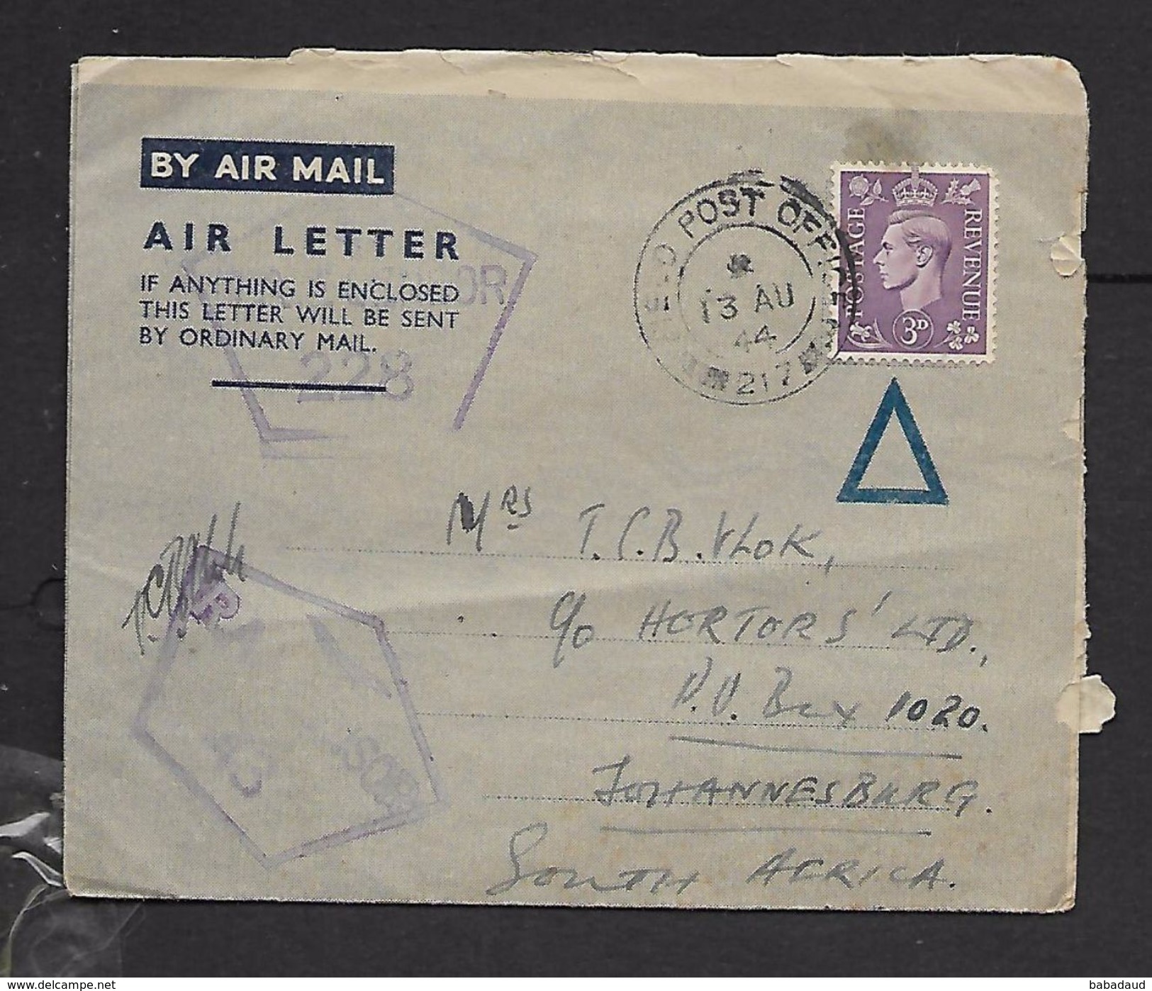 FIELD POST OFFICE 217 13 AU 44 Air Letter > South Africa, RAF CENSOR S 228 & 43 - Covers & Documents