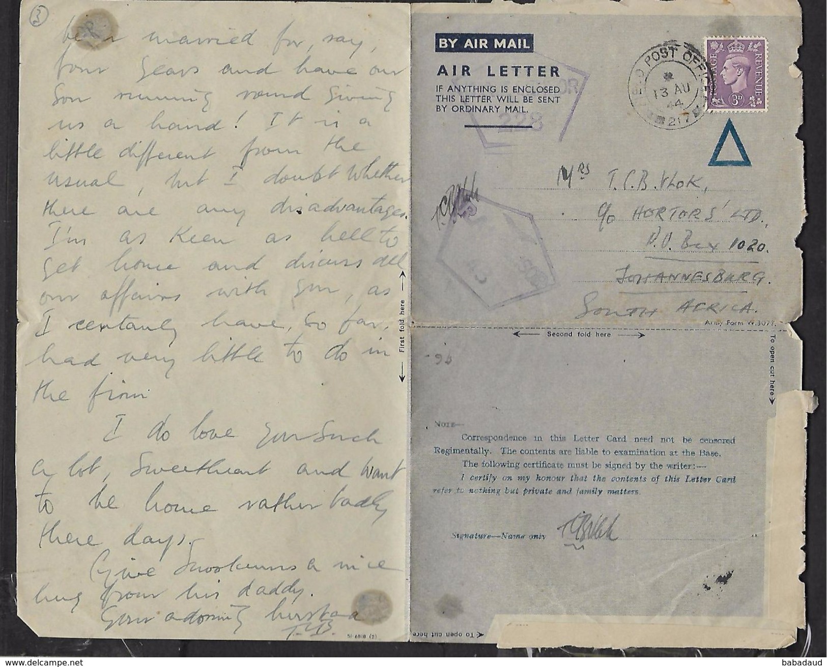 FIELD POST OFFICE 217 13 AU 44 Air Letter > South Africa, RAF CENSOR S 228 & 43 - Covers & Documents