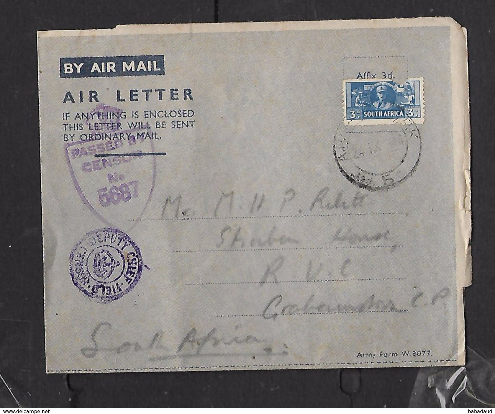 APO-U-MPK 5 25 IX 44 Air Letter > South Africa,,British Censor 5687, EGYPT PREPAID 30 SE 44 Transit - Brieven En Documenten