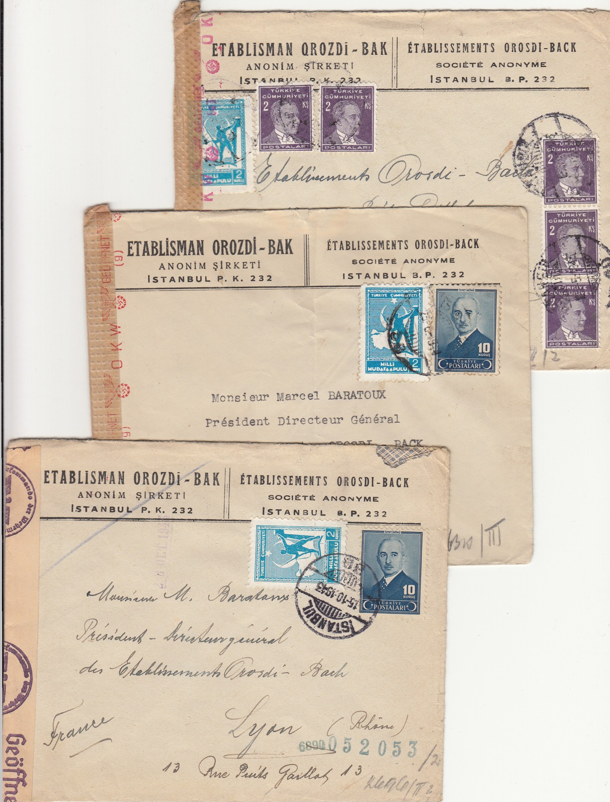 TURQUIE ENV X 3 - 1943 LOT DE 3 X LETTRE AVION ISTANBUL => FRANCE AVEC CENSURE - Covers & Documents