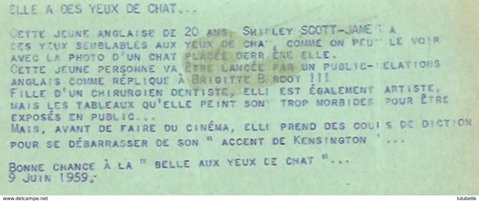 ELLE A DES YEUX DE CHAT - SHIRLEY SCOTT-JAMES - PHOTO DE PRESSE DU 9.06.59 - Célébrités