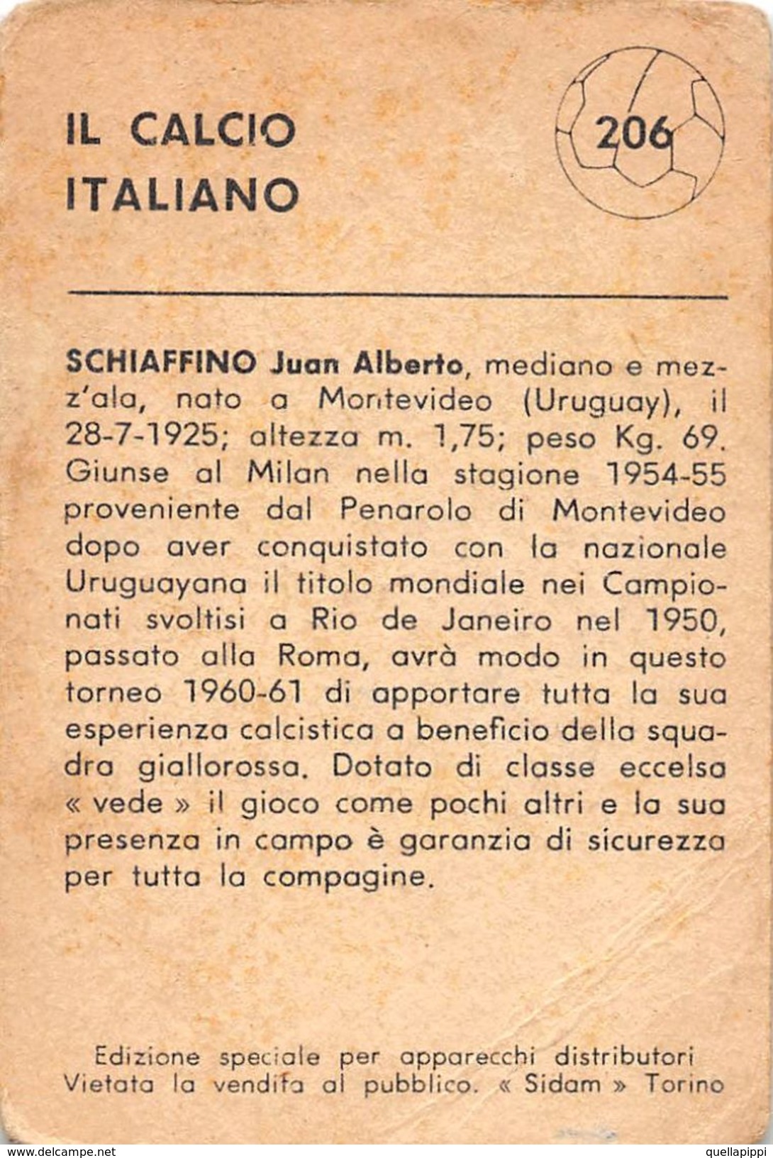 D6302 "SCHIAFFINO JUAN ALBERTO - ROMA"  FIGURINA ORIGINALE CARTONATA DELLA S.T.E.F. - TORINO NR. 206 - 1960/1961 - Trading Cards