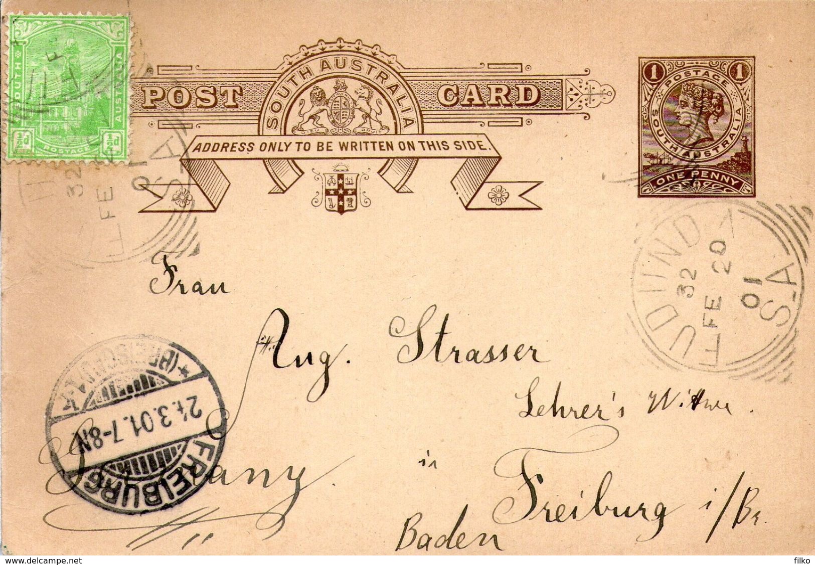 South Australia,postal Stationery QV,HG#3,sent From Fudund,20.02.1901 To Germany,Freiburg,24.03.1901,as Scan - Lettres & Documents