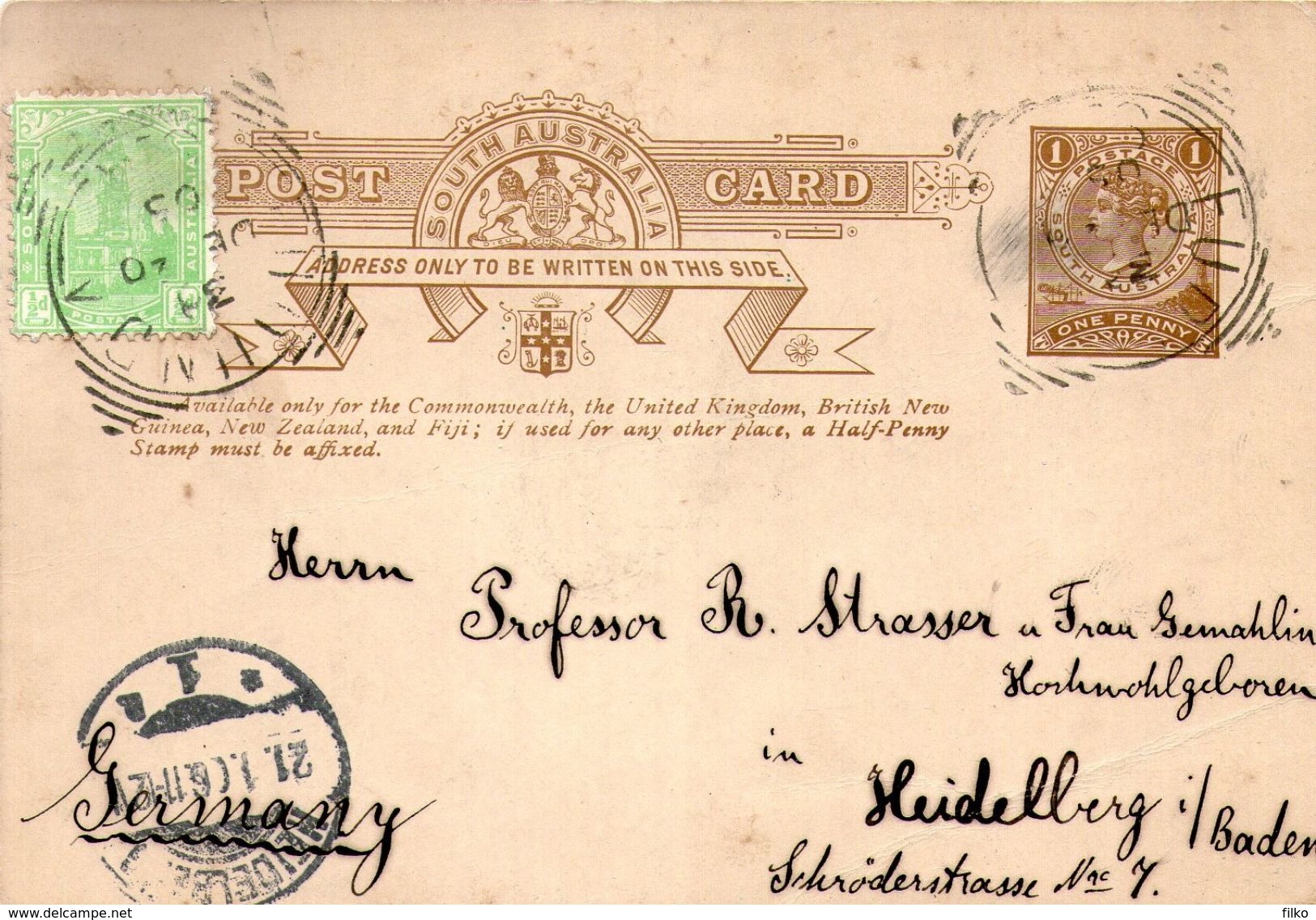 South Australia,postal Stationery QV,HG#3,sent From Fudund,20.12.1905 To Germany,Heidelberg,21.01.1906,as Scan - Storia Postale