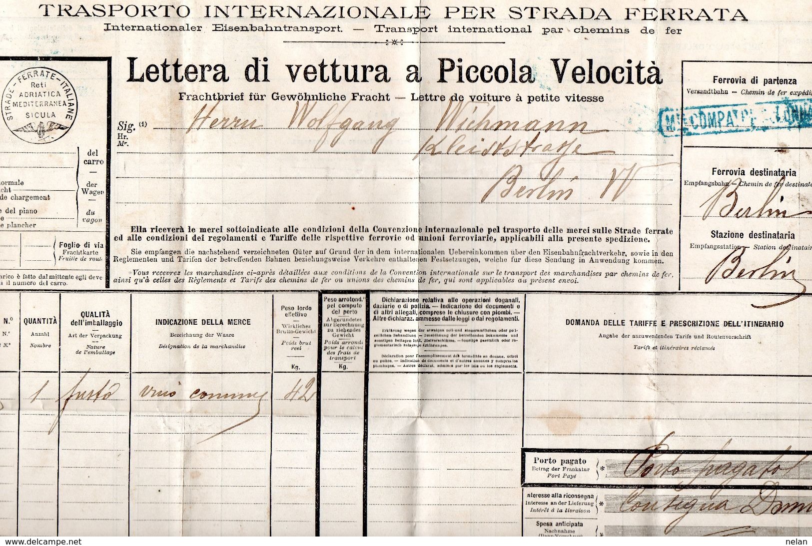 LETTERA DI VETTURA A PICCOLA VELOCITA-STRADA FERATA ITALIANA-1907 ROMA BERLIN-MONTE COMPATRI-COLONNA - Italia