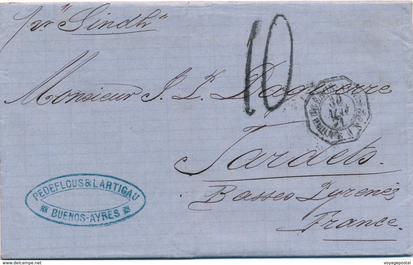 Lettre Buenos-Aires Argentine Cachet Maritime Taxe 10 Pour La France Par Sindh - Storia Postale