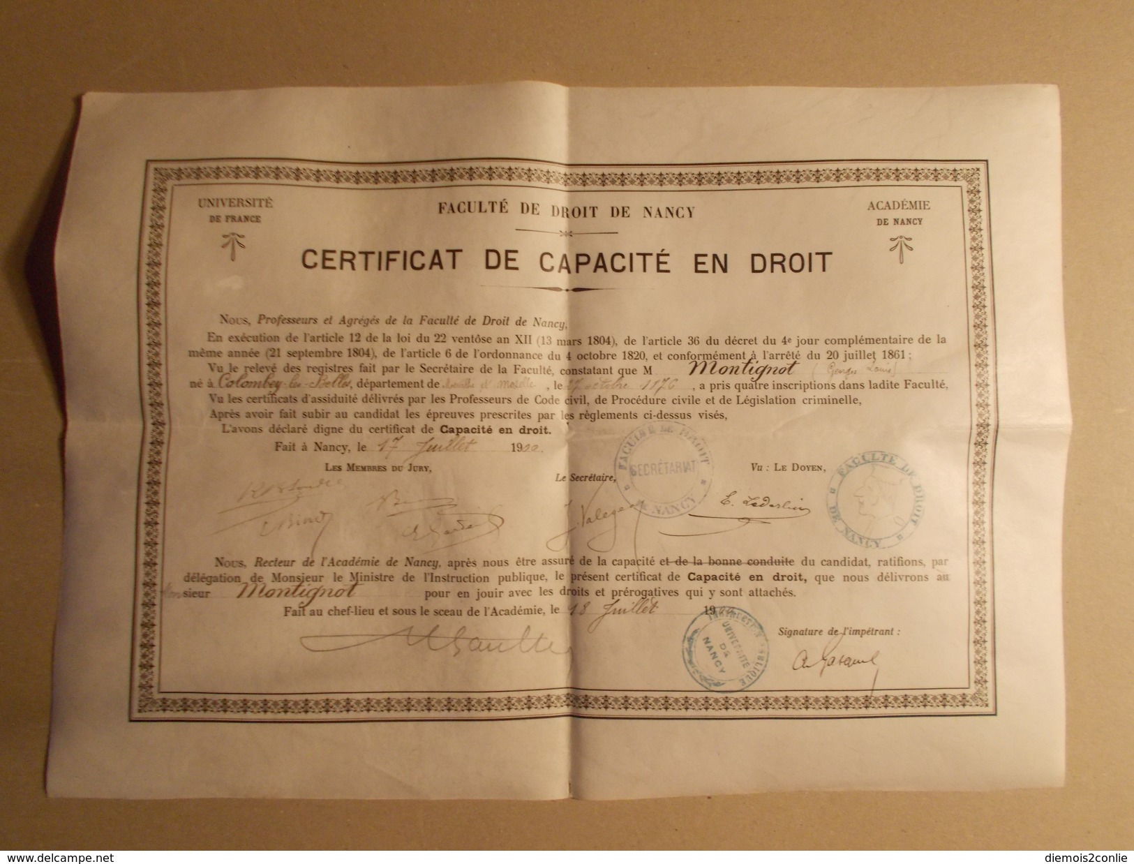 Certificat Capacité En Droit 1900 Sur Parchemin Etat Super - Diploma's En Schoolrapporten