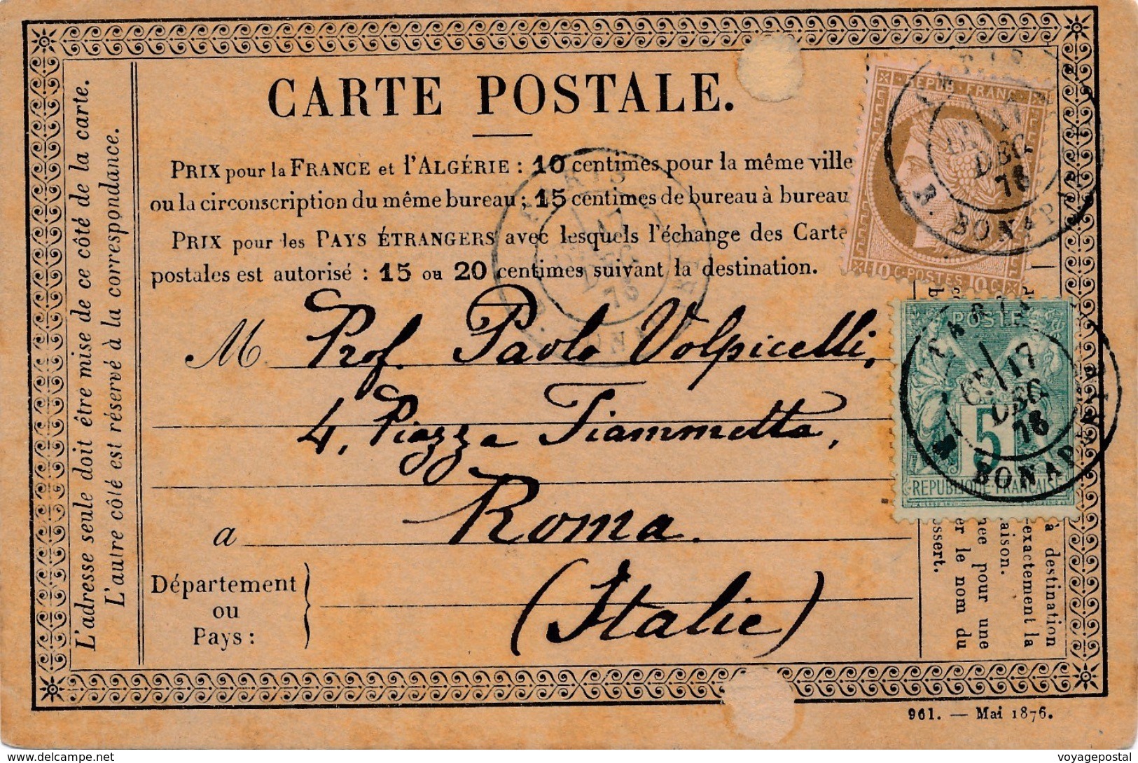 Carte Précurseur Mixte Ceres + Sage Pour Rome 1876 - 1849-1876: Classic Period