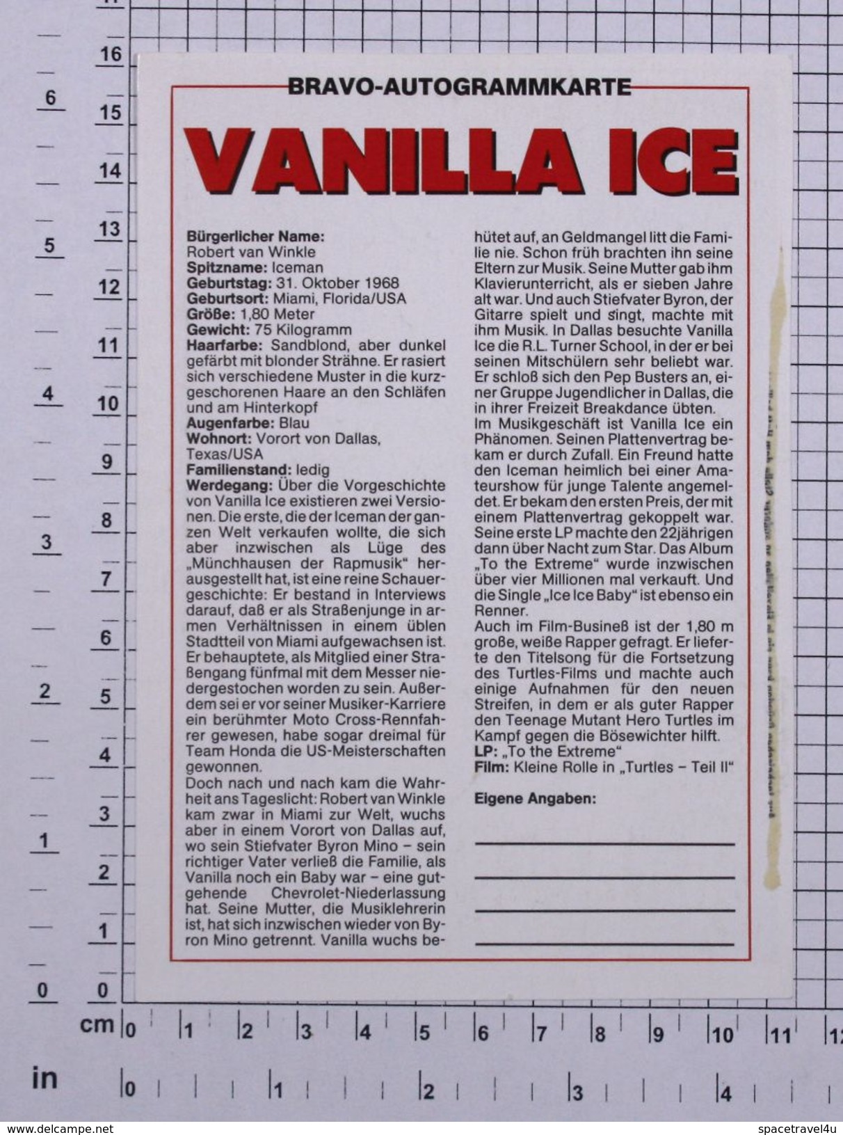VANILLA ICE - Vintage PHOTO REPRINT - BRAVO Autogrammkarte (94-A) - Musique Et Musiciens