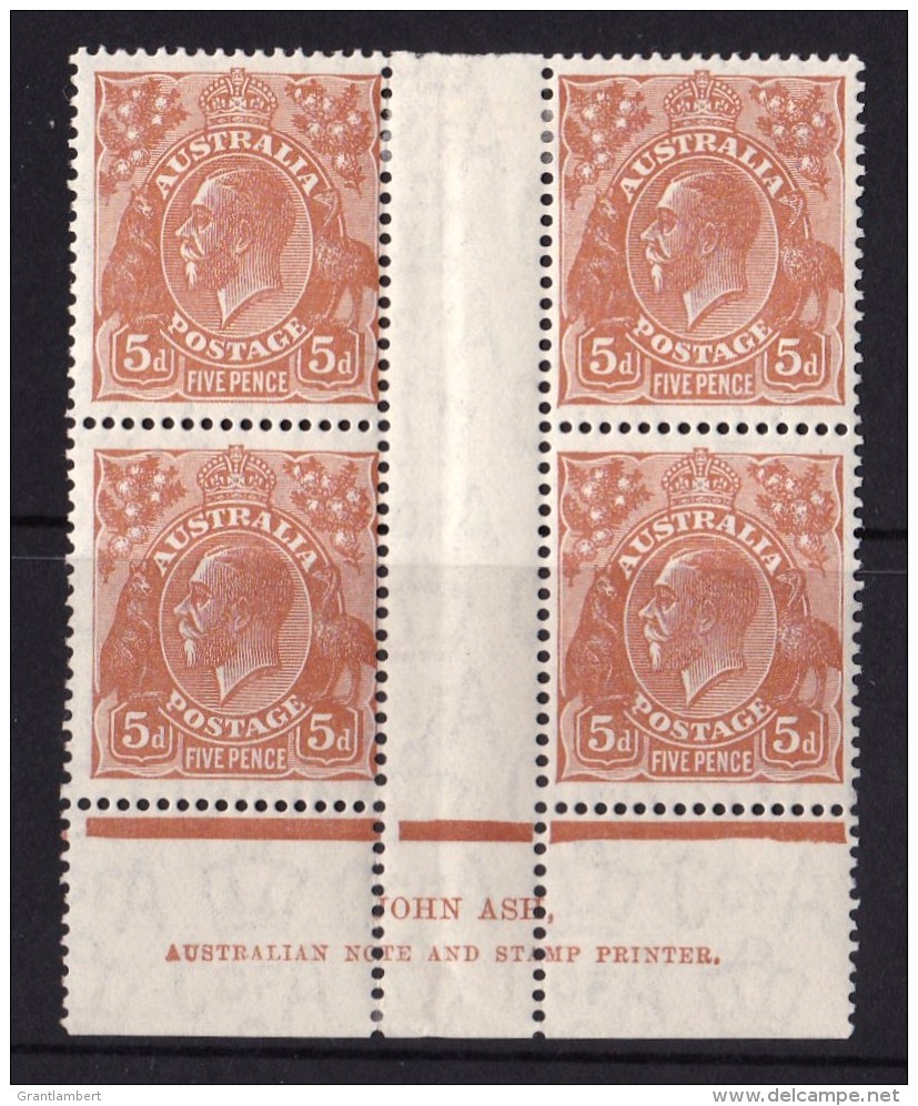 Australia 1932 King George V 5 Chestnut C Of A Wmk Ash Imprint Block Of 4 MNH/MH - Ungebraucht