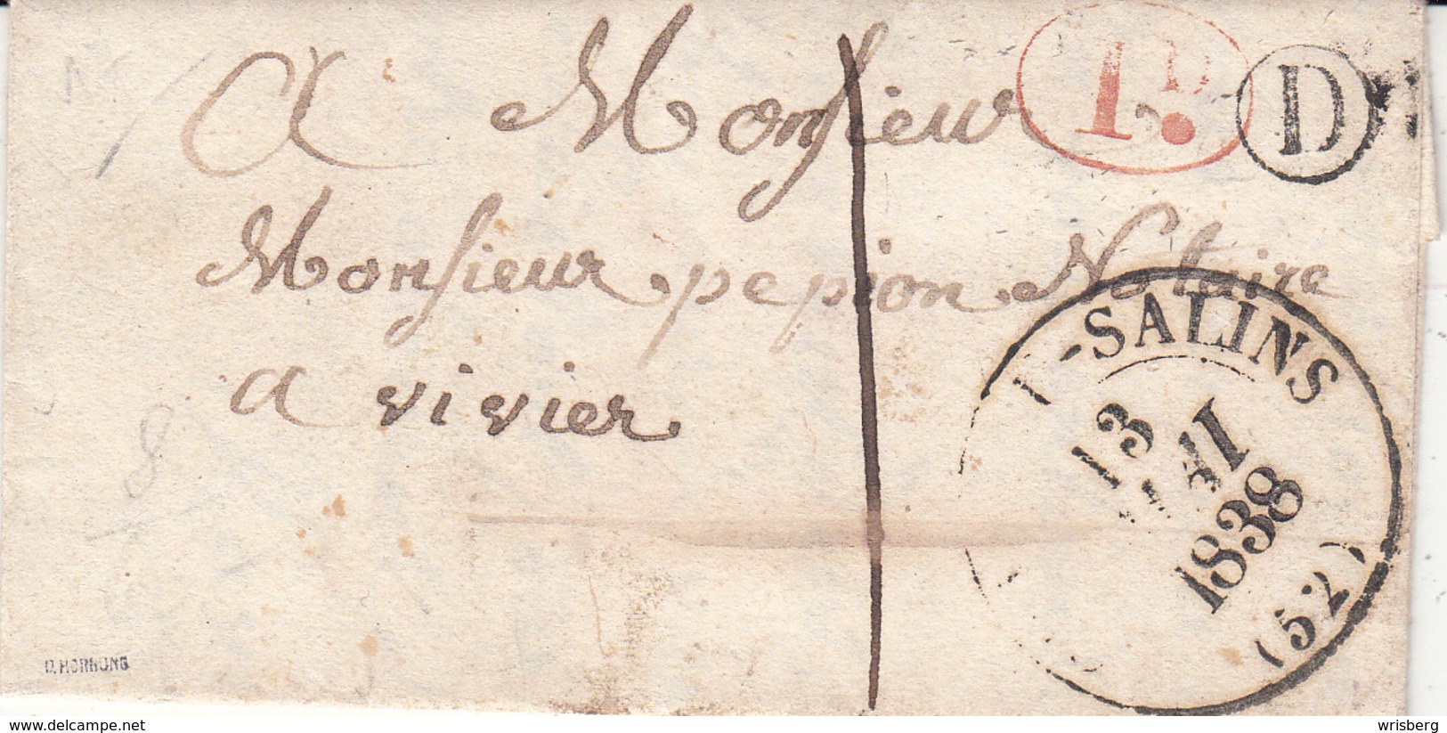 LAC Avec TàD CHATEAUX SALINS Du 13 MAI 1838 + Timbre 1 D Rouge + Boite Rurale D = Wuisse Avec Taxe Manuscrite 1 - 1801-1848: Precursores XIX