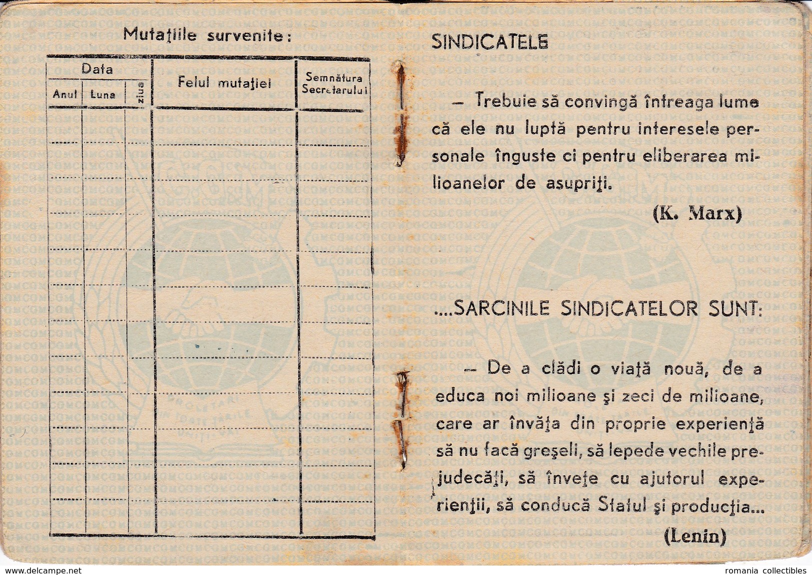 Romania, 1952, General Labor Confederation Member Card FSM CGM - Revenue Fiscal Stamp / Cinderella - Historical Documents