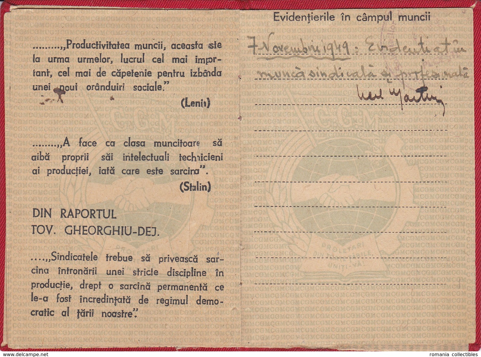 Romania, 1949, General Labor Confederation Member Card FSM CGM - Revenue Fiscal Stamp / Cinderella - Historical Documents
