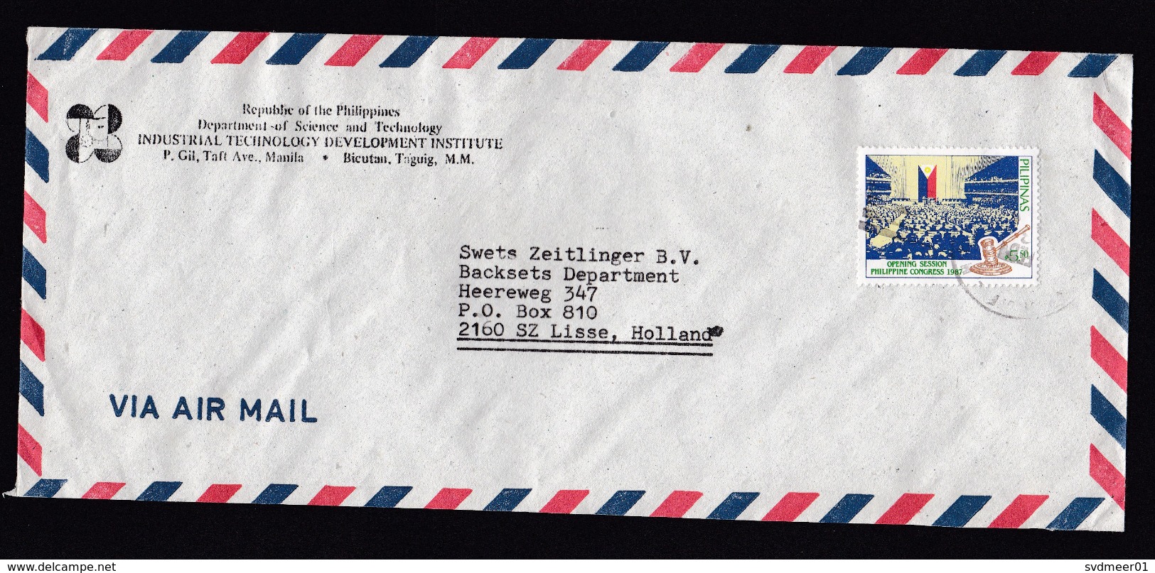 Philippines: Airmail Cover To Netherlands, 1988, 1 Stamp, Congress, Parliament, Democracy, Hammer (traces Of Use) - Filippijnen