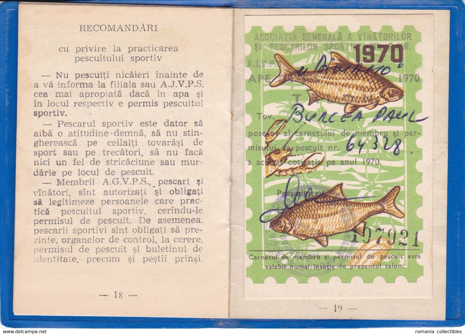 Romania, 1970, Fishing Permit / Member Card AGVPS - Revenue Fiscal Stamp / Cinderella