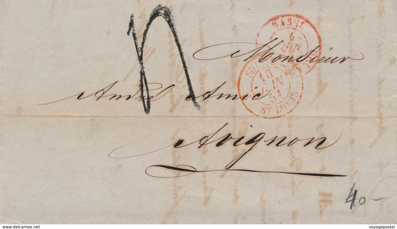 Lettre Basel, Suisse ST Louis Pour Avignon 1851 - 1843-1852 Poste Federali E Cantonali