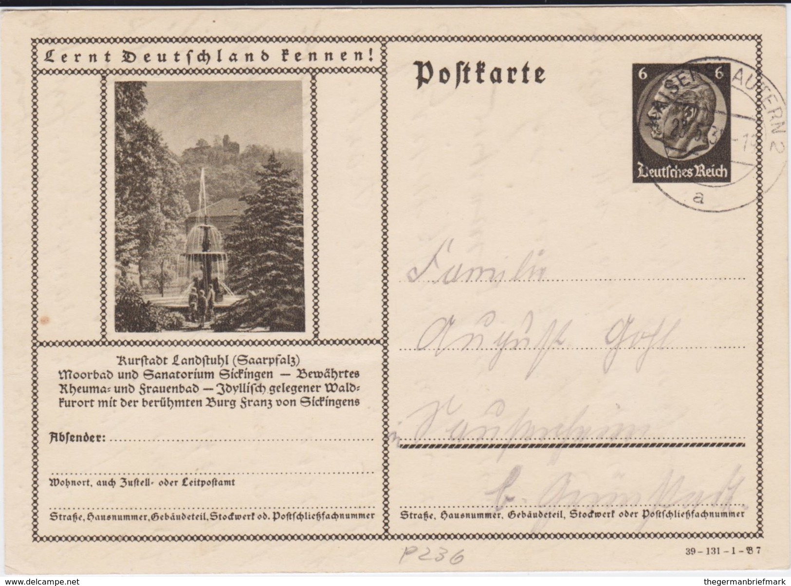 DR 3 Reich Ganzsache P 236 Bildpostkarte Landstuhl Pfalz Gel Kaiserslautern 1939 - Sonstige & Ohne Zuordnung