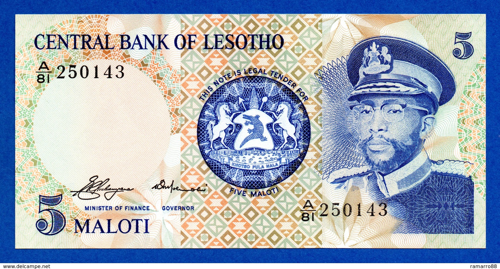 Lesotho 5 Maloti 1981 Pick 5 King Moshoeshoe II - Prefix A - Unc - Lesotho