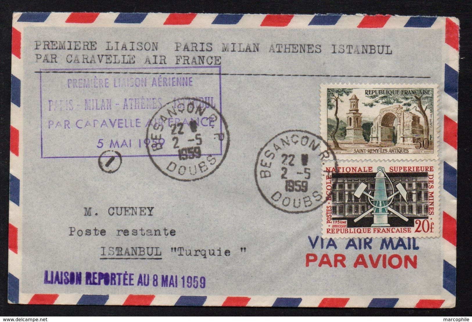 PREMIER VOL PARIS - ISTANBUL /1959 LETTRE - FFC - FIRST FLIGHT COVER (ref 7566a) - Covers & Documents